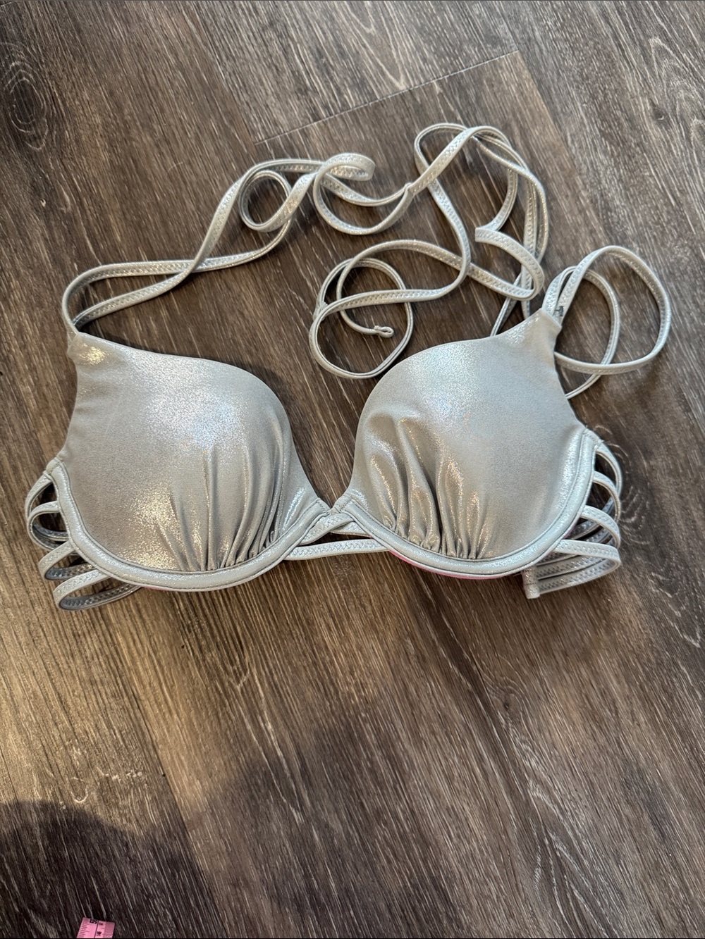 NWOT Sun Dazed Silver Metallic Push-Up Bikini Swim Top Strappy 32 B/C